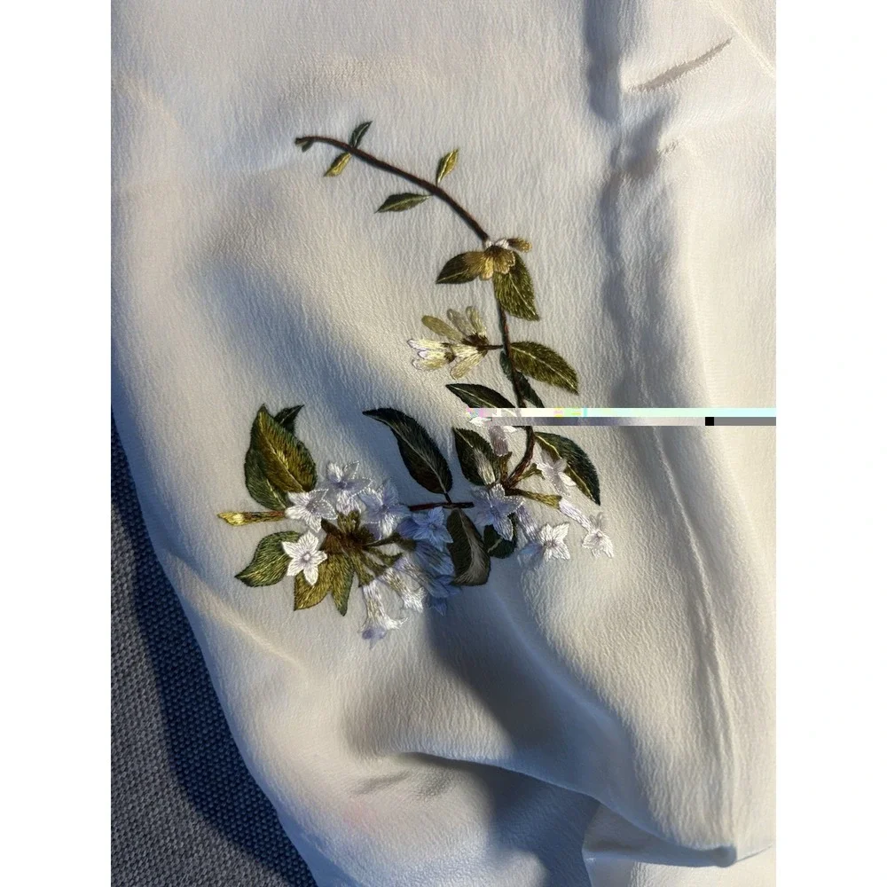 Vintage Cream Silk Embroidered Floral Scarf with Fringe